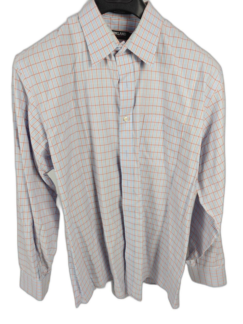 Men’s Kirkland Signature Dress Shirt Blue Orange Plaid Size 17.5 34/35